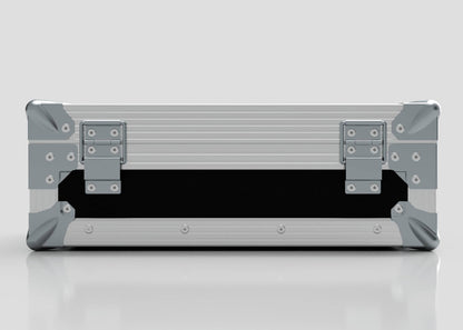 The Single Laptop Case With Storage Compartment features a silver metal exterior with reinforced corners and latches, shown closed from the front against a plain background. Its external dimensions are 429 x 289 x 162 mm.