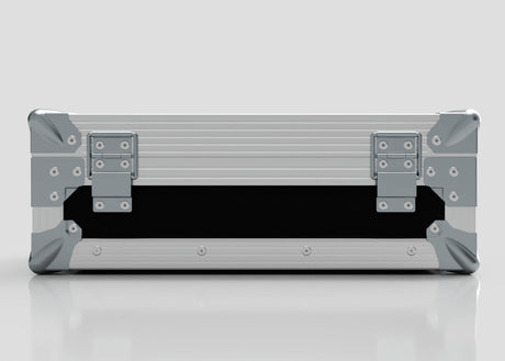 The Single Laptop Case With Storage Compartment features a silver metal exterior with reinforced corners and latches, shown closed from the front against a plain background. Its external dimensions are 429 x 289 x 162 mm.