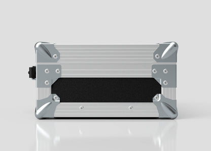 The Single Laptop Case With Storage Compartment is shown closed in silver and black with metal-reinforced corners, set against a plain light background to highlight its external dimensions of 429 x 289 x 162 mm.