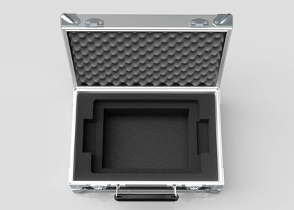 The Single Laptop Case With Storage Compartment is shown open from above, featuring foam padding and a central rectangular cutout—ideal for precise sizing—with external dimensions of 429 x 289 x 162 mm.