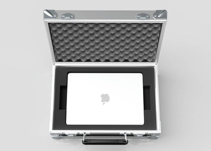 The Single Laptop Case With Storage Compartment, featuring a foam-lined interior and external dimensions of 429 x 289 x 162 mm, securely holds a silver Apple laptop with the lid open for display.