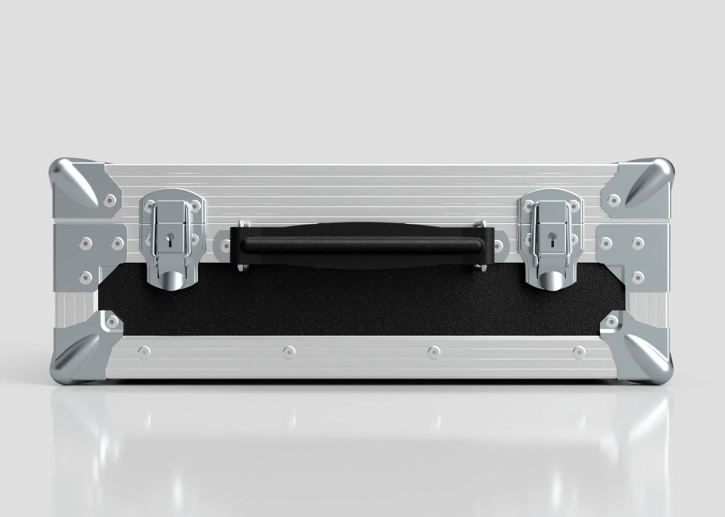 The Single Laptop Case With Storage Compartment is a closed, silver and black hard case with metal corners, latches, and central black handle, measuring 429 x 289 x 162 mm, displayed on a reflective white surface.