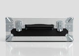 The Single Laptop Case With Storage Compartment is a closed, silver and black hard case with metal corners, latches, and central black handle, measuring 429 x 289 x 162 mm, displayed on a reflective white surface.