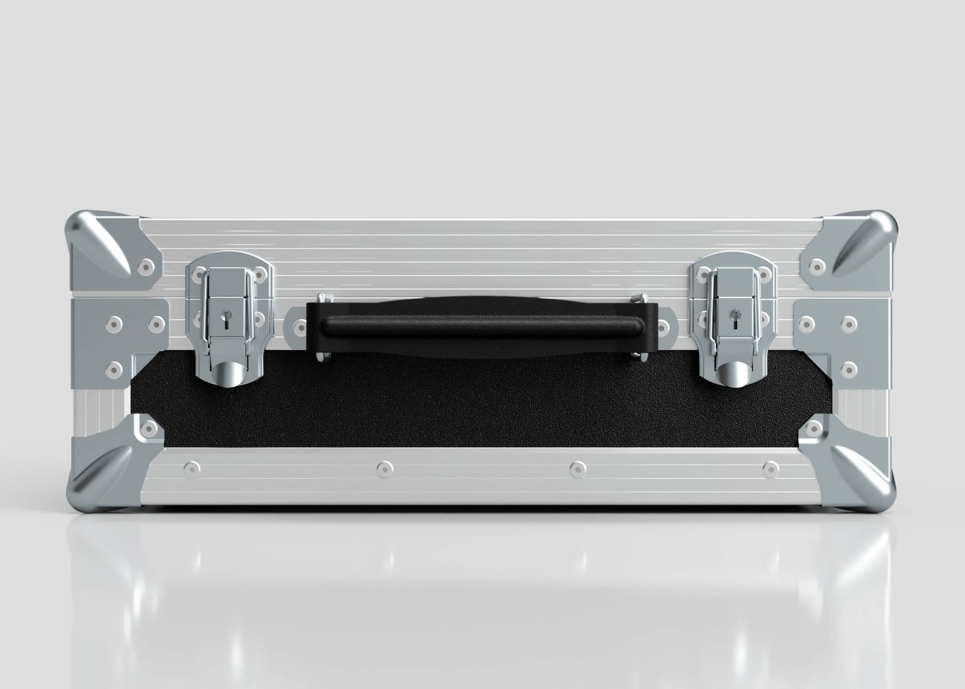 The Single Laptop Case With Storage Compartment is a closed, silver and black hard case with metal corners, latches, and central black handle, measuring 429 x 289 x 162 mm, displayed on a reflective white surface.