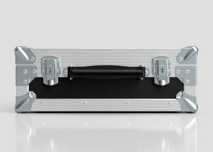 The Single Laptop Case With Storage Compartment is a closed, silver and black hard case with metal corners, latches, and central black handle, measuring 429 x 289 x 162 mm, displayed on a reflective white surface.