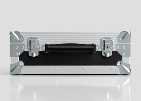 The Single Laptop Case With Storage Compartment is a closed, silver and black hard case with metal corners, latches, and central black handle, measuring 429 x 289 x 162 mm, displayed on a reflective white surface.