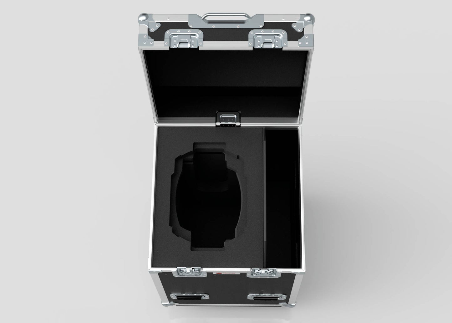 The Single Prolight Hybrid 300IP comes in a hard case with metal latches, custom black foam padding, and a cutout compartment. Its external dimensions are 580 x 600 x 930 mm, ensuring spacious protection for your valuable items.