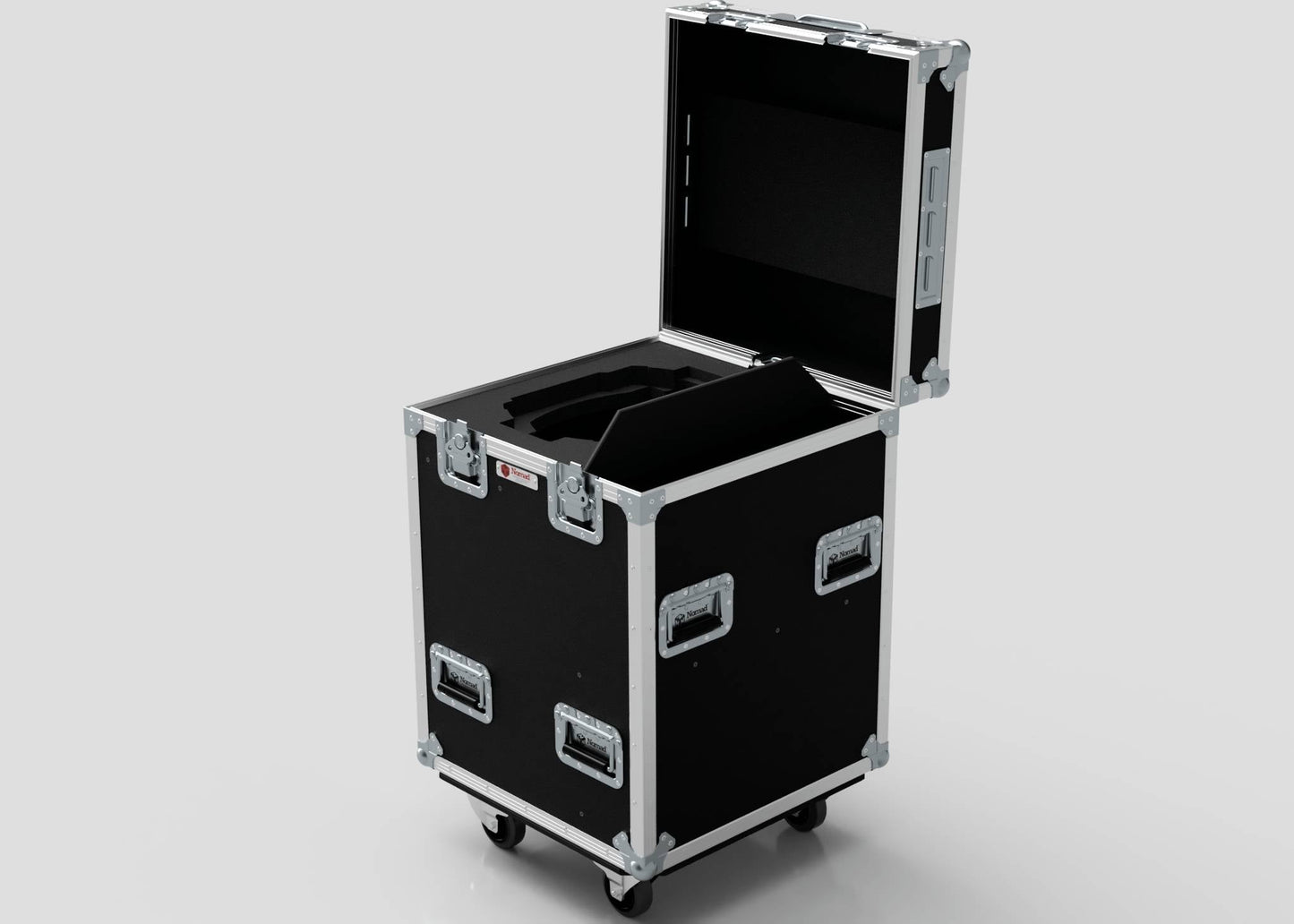 The Single Prolight Hybrid 300IP is a black and silver case with its lid open, featuring external dimensions of 580 x 600 x 930 mm.