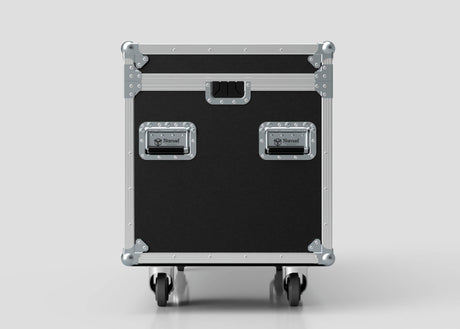 The Socapex Trunk Case, in black and silver with metal reinforcements and wheels, is shown from the front against a plain background.