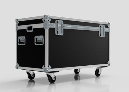 The Socapex Trunk Case is a large black and silver flight case with metal edges, heavy-duty latches, handles, and four caster wheels, ideal for transporting 1200mm Socapex cables, shown on a plain light gray background.
