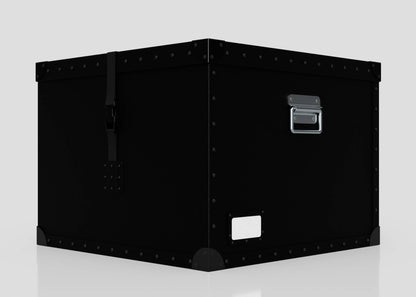 The Standard Cube Storage Box - Large is a black metal box with rivets, corner protectors, a latch, handle, and poly card holder for easy identification.