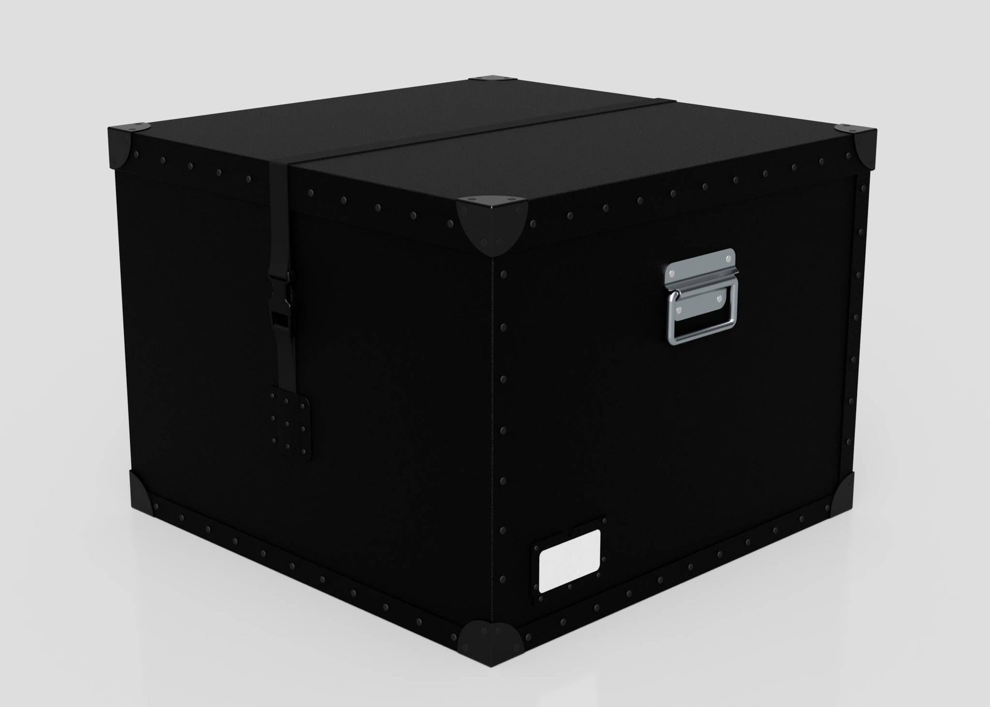 The Standard Cube Storage Box - Large is a black polyethylene box with riveted edges, metal side handles, and a small white label on the front, shown against a plain light background.