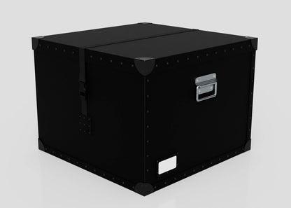 The Standard Cube Storage Box - Large is a black polyethylene box with riveted edges, metal side handles, and a small white label on the front, shown against a plain light background.