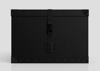 The Standard Cube Storage Box - Medium is a black, rectangular polyethylene box with reinforced corners, metal rivets on the edges, and a central front latch.