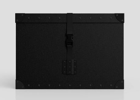 The Standard Cube Storage Box - Medium is a black, rectangular polyethylene box with reinforced corners, metal rivets on the edges, and a central front latch.