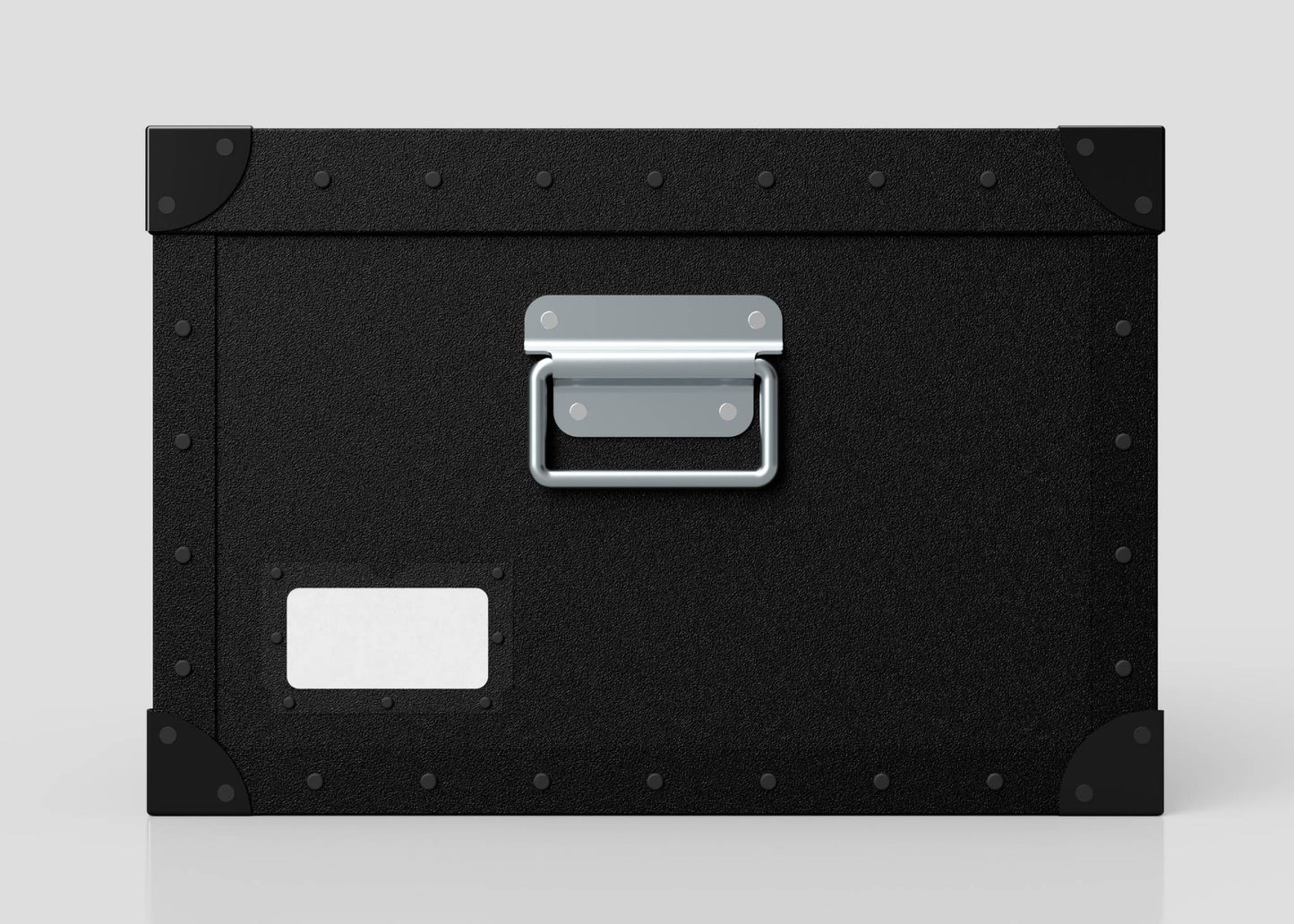 The Standard Cube Storage Box - Small is a black polyethylene box with a metal handle, reinforced corners, and a poly card holder for labeling, shown against a plain light background.