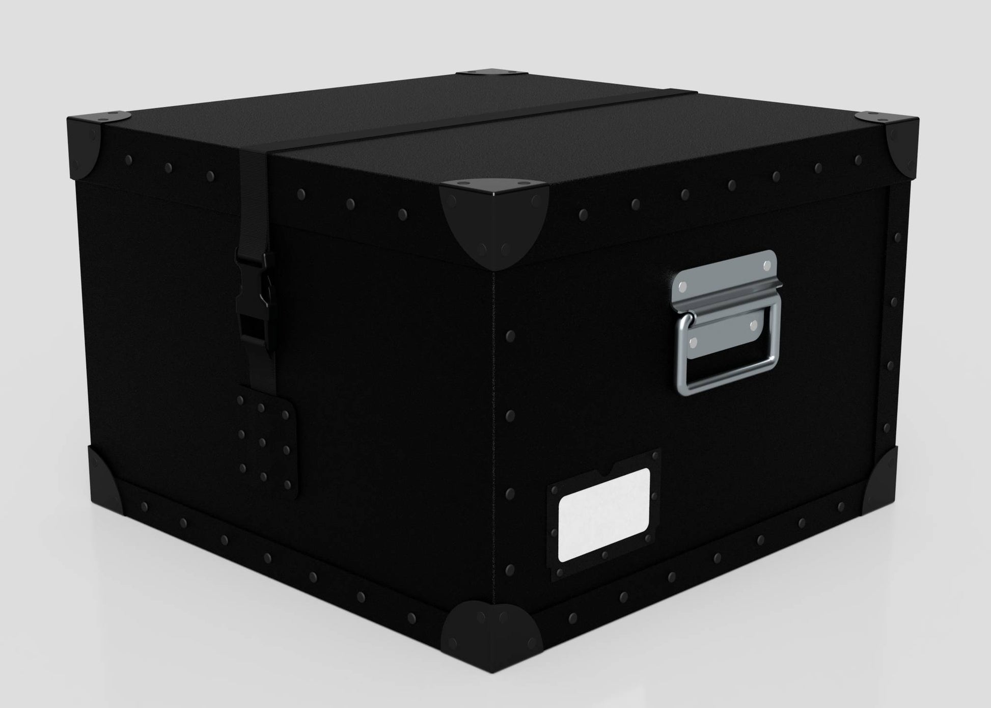 The Standard Cube Storage Box - Small is a black polyethylene box with reinforced corners, metal handle, latch, and a blank front label, displayed against a plain background.
