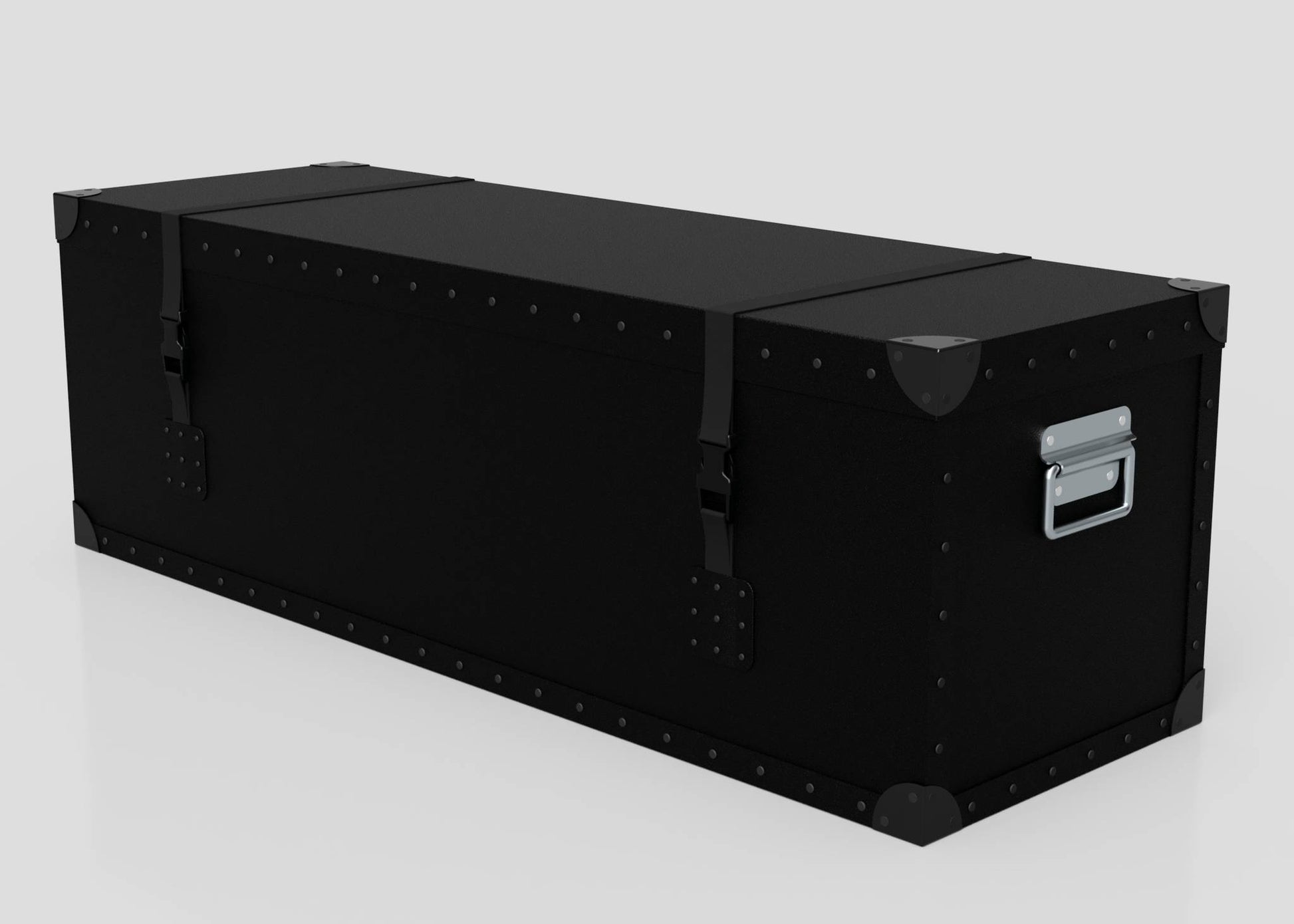 The Standard Long Storage Box - Medium is a large, rectangular black trunk featuring metal corner protectors, zinc drop handles, and two side-release buckle closures, shown on a white background.
