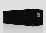 A Standard Long Storage Box - Medium, rectangular and black with metal rivets, corner protectors, two latches, and a zinc drop handle sits on a reflective surface against a plain background.