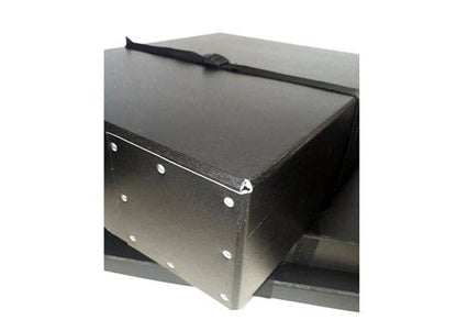 A close-up of the Standard Photographic Print Box 4", a black rectangular storage box with metal rivets along the edge and a strap on top.