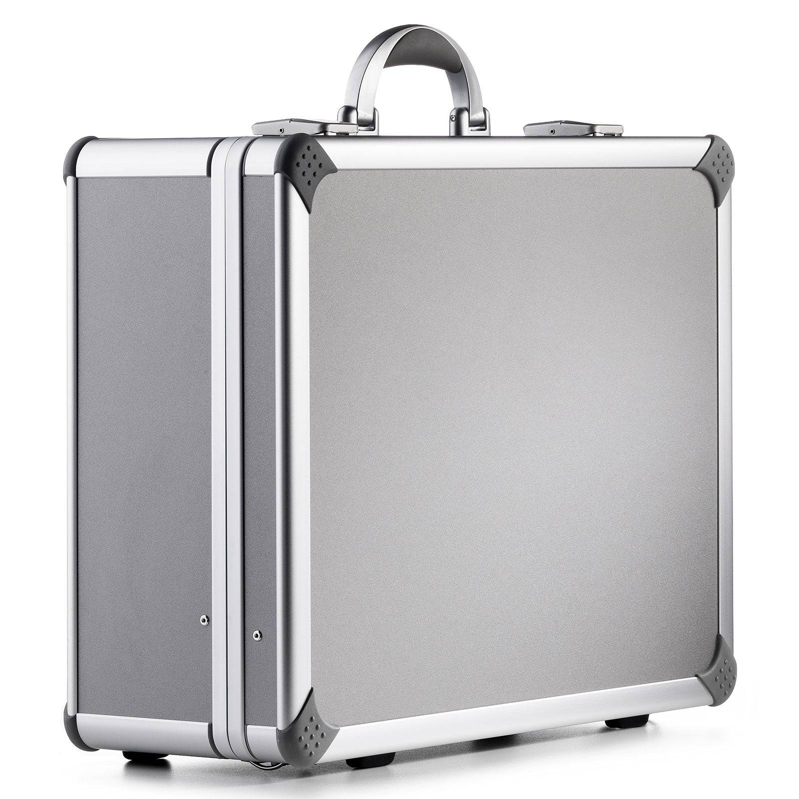 The Supreme 99500, a silver aluminum frame case with reinforced corners, quality lock hinge, metal latches, and handle, is positioned upright at an angle against a white background.