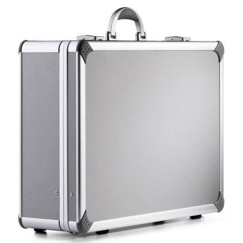 The Supreme 99600 is a silver aluminium frame case with reinforced corners and a sturdy handle for easy carrying. Shown closed and upright on a white background, it includes custom CNC foam for secure storage.