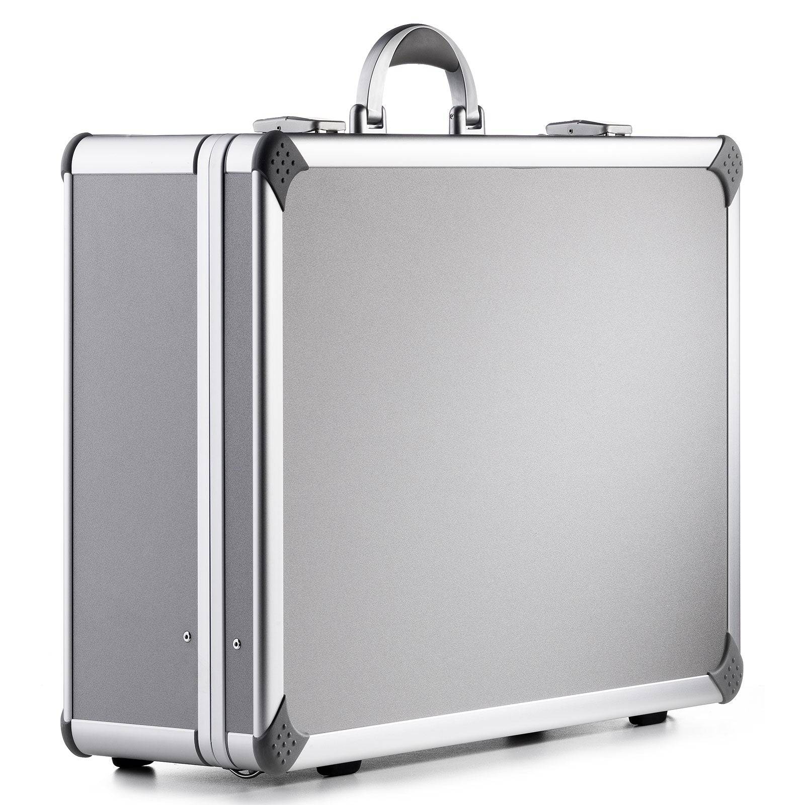 The Supreme 99600, a silver aluminium frame case with reinforced corners, custom CNC foam fittings, two latches, and a carrying handle, sits on a white background for maximum carrying comfort.