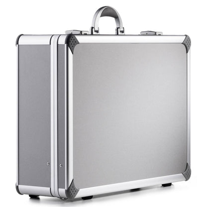 The Supreme 99600, a silver aluminium frame case with reinforced corners, custom CNC foam fittings, two latches, and a carrying handle, sits on a white background for maximum carrying comfort.