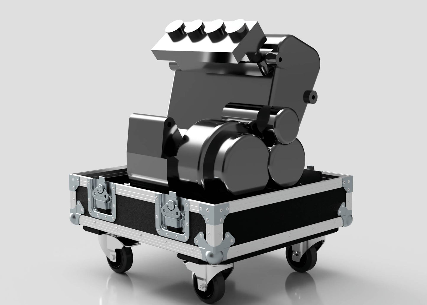 A Suzuki Hayabusa Engine Case is placed inside an open storage box with internal dimensions of 568 x 537 x 613 mm, featuring metal edges and gray latches against a plain gray background.