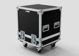 The Suzuki Hayabusa Engine Case is a black, hard-shell storage box with metal reinforcements, two handles, two latches, and four caster wheels. Its internal dimensions are 568 x 537 x 613 mm and it is shown against a white background.