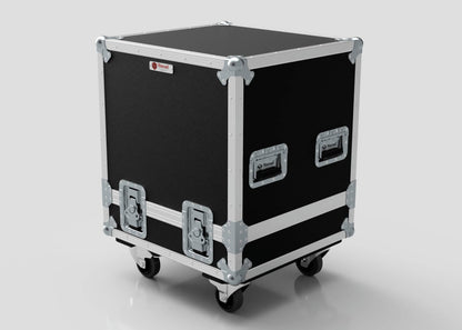 The Suzuki Hayabusa Engine Case is a black, hard-shell storage box with metal reinforcements, two handles, two latches, and four caster wheels. Its internal dimensions are 568 x 537 x 613 mm and it is shown against a white background.