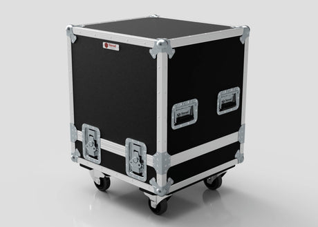The Suzuki Hayabusa Engine Case is a black, hard-shell storage box with metal reinforcements, two handles, two latches, and four caster wheels. Its internal dimensions are 568 x 537 x 613 mm and it is shown against a white background.