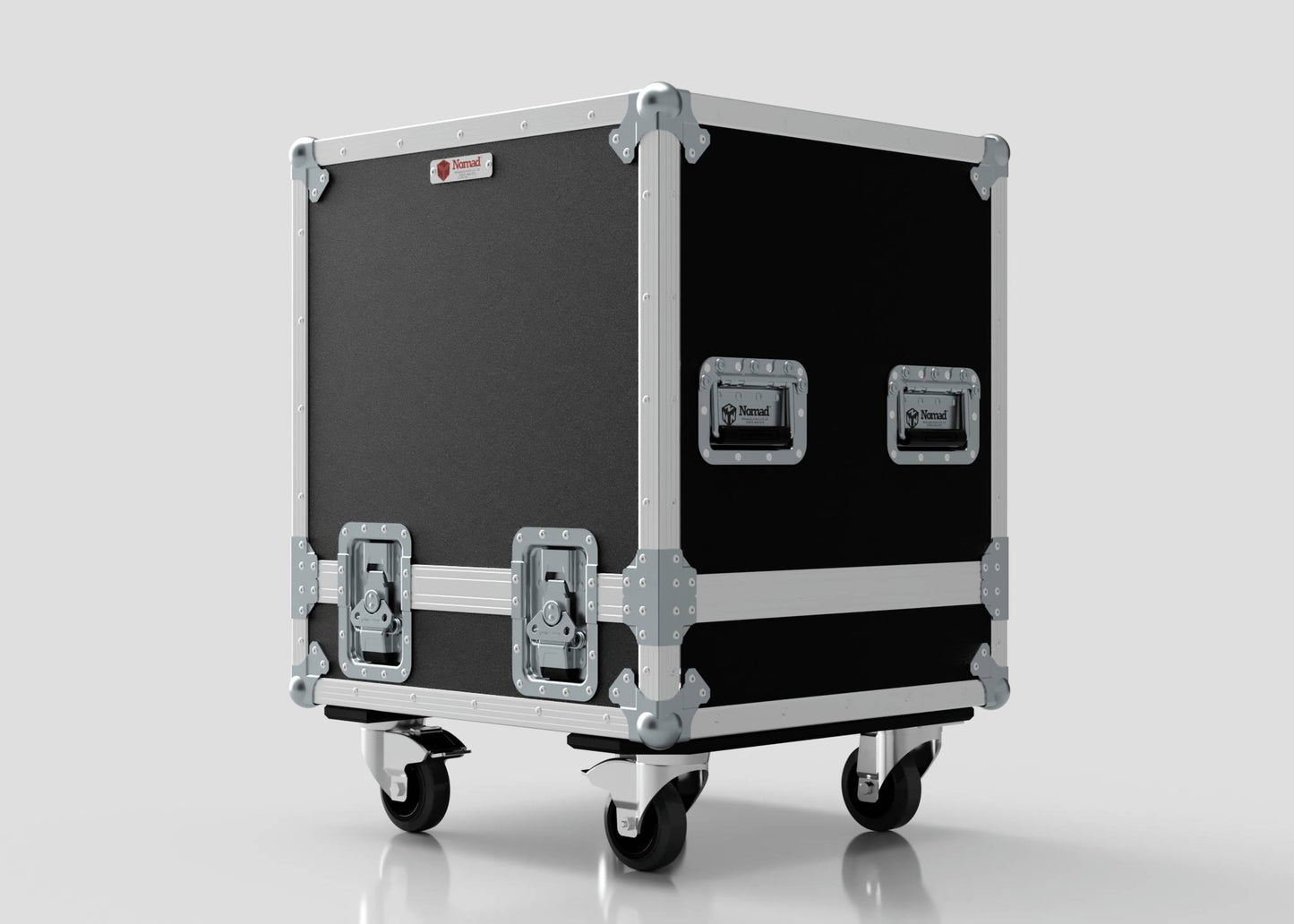 A Suzuki Hayabusa Engine Case in black and silver with metal reinforced corners, handles, four caster wheels, and measuring 568 x 537 x 613 mm, shown against a plain light background.