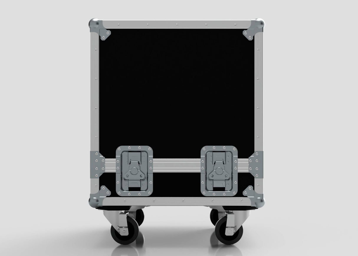 The Suzuki Hayabusa Engine Case, shown against a plain light background, is a black rectangular storage box with metal edges, two latches, caster wheels, and internal dimensions of 568 x 537 x 613 mm.
