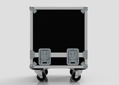 The Suzuki Hayabusa Engine Case, shown against a plain light background, is a black rectangular storage box with metal edges, two latches, caster wheels, and internal dimensions of 568 x 537 x 613 mm.