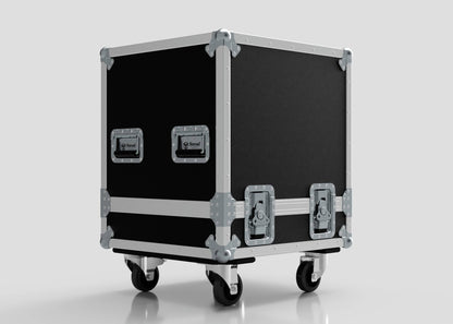 The Suzuki Hayabusa Engine Case is a black storage box road case with metal reinforcements, handles, and four caster wheels, featuring internal dimensions of 568 x 537 x 613 mm, shown on a plain light background.