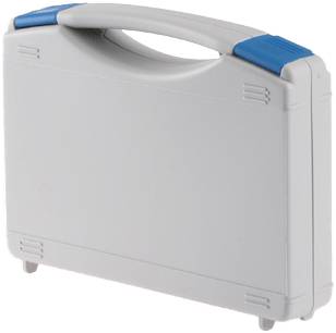 The Tekno 2002 is a closed, light gray plastic storage box with a handle, blue corner accents, and foam inserts, shown standing upright on its side.