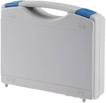 The Tekno 2003M is a closed, light gray plastic protective case with a curved handle and two blue latches on the top edge, designed to keep contents secure.