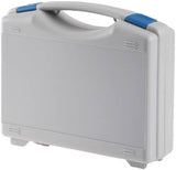 The Tekno 2004 is a closed, light gray plastic carrying case featuring a modern design, blue latch accents, and a handle, standing upright on a white background.