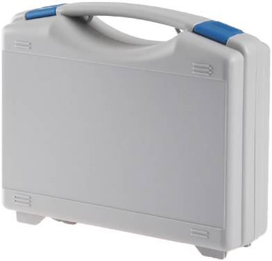 The Tekno 2004 is a closed, light gray plastic carrying case featuring a modern design, blue latch accents, and a handle, standing upright on a white background.