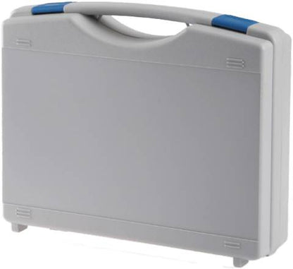 The Tekno 2007 is a closed, light gray plastic carrying case with a handle, blue accents on the top corners, a modern design, and optional foam inserts for extra protection.