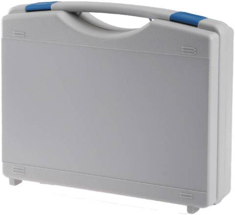 The Tekno 2007 is a closed, light gray plastic carrying case with a handle, blue accents on the top corners, a modern design, and optional foam inserts for extra protection.