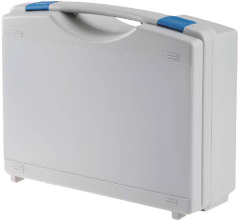 The Tekno 2008 is a closed, light gray plastic carrying case with a handle and two blue latches, offering modern design for stylish and secure storage.