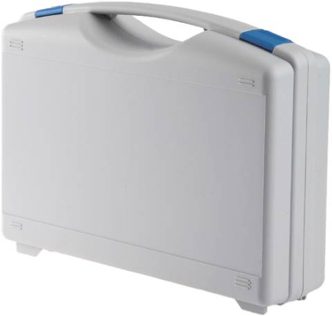 The Tekno 2011 is a closed, plain gray plastic briefcase with a handle and blue latches, featuring foam inserts inside, shown against a white background.