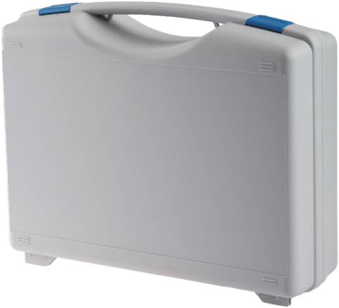 The Tekno 2019 is a closed, plain gray plastic carrying case with a modern design, handle, and blue interchangeable clasps, shown standing upright against a white background.