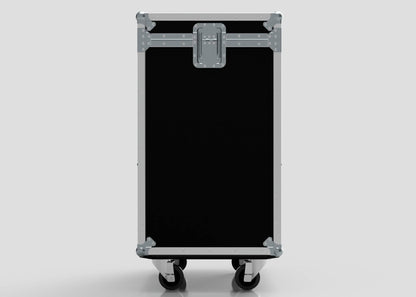 The TM TV Drawer Case is a black, rectangular case with silver metal edges, a central latch, and four caster wheels, highlighting its sturdy build and precise dimensions against a plain light background.