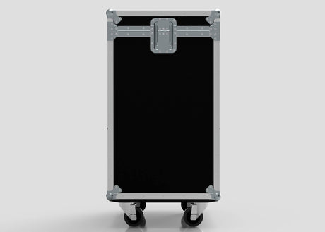 The TM TV Drawer Case is a black, rectangular case with silver metal edges, a central latch, and four caster wheels, highlighting its sturdy build and precise dimensions against a plain light background.
