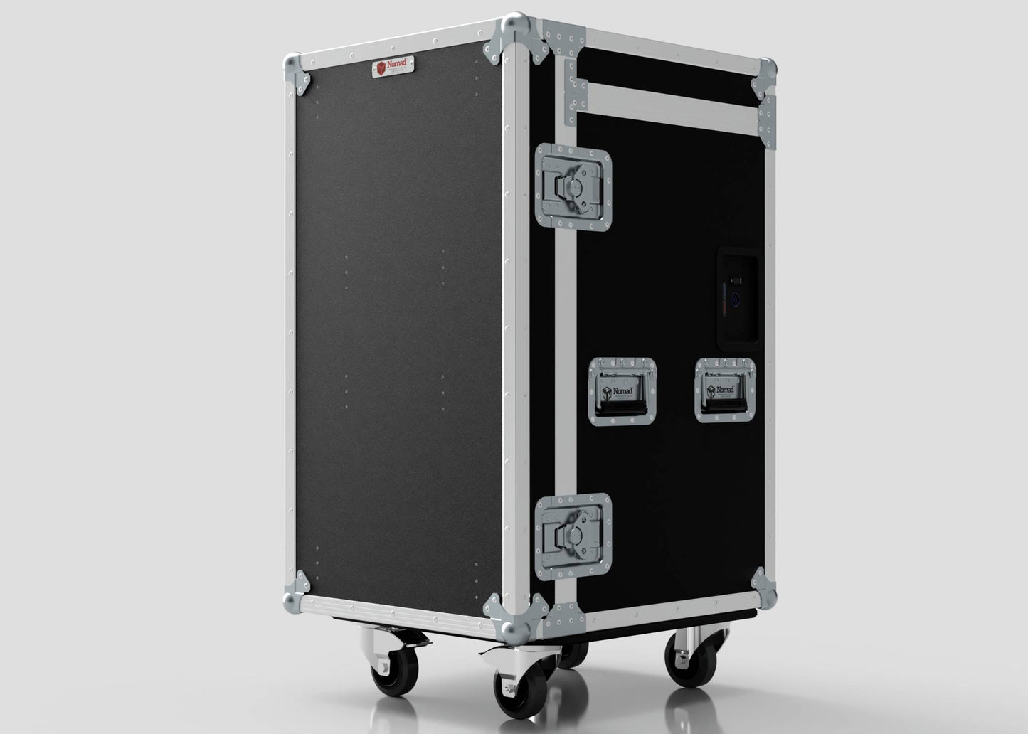 The TM TV Drawer Case is a black, rectangular equipment flight case with external dimensions, four caster wheels, metal corners, handles, and side latches, shown against a plain light background.