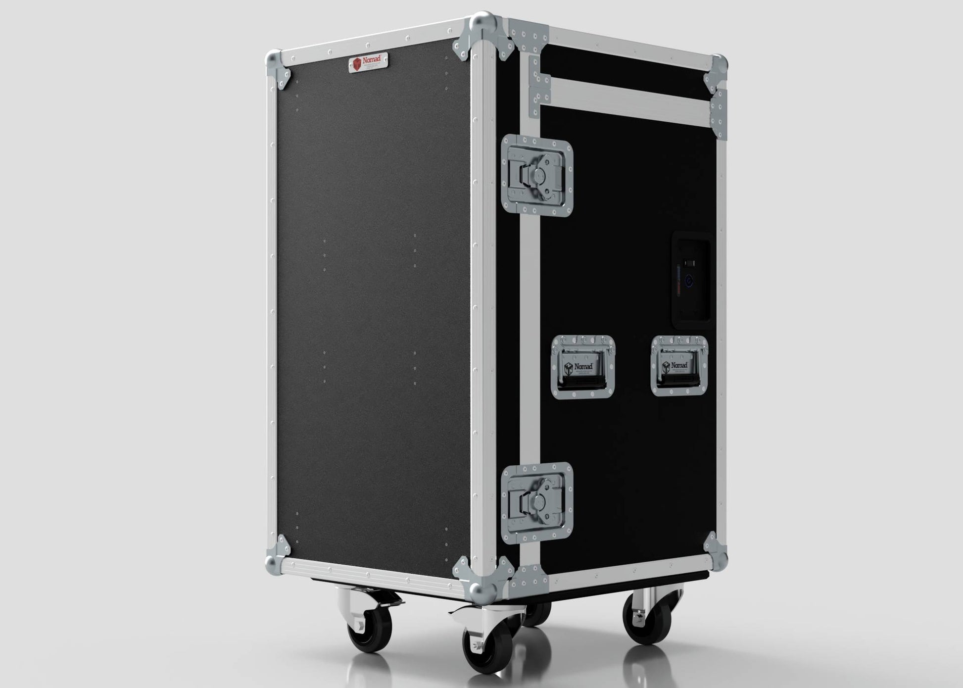 The TM TV Drawer Case is a black, rectangular equipment flight case with external dimensions, four caster wheels, metal corners, handles, and side latches, shown against a plain light background.