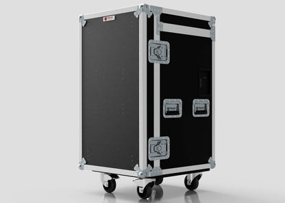 The TM TV Drawer Case is a black, rectangular equipment flight case with external dimensions, four caster wheels, metal corners, handles, and side latches, shown against a plain light background.
